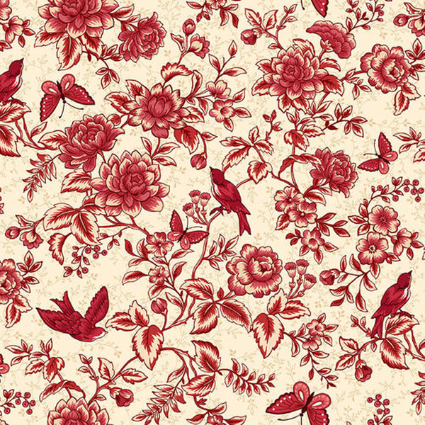 Tela Estampada con flores rojas y pajaros - Henry Glass Fabrics